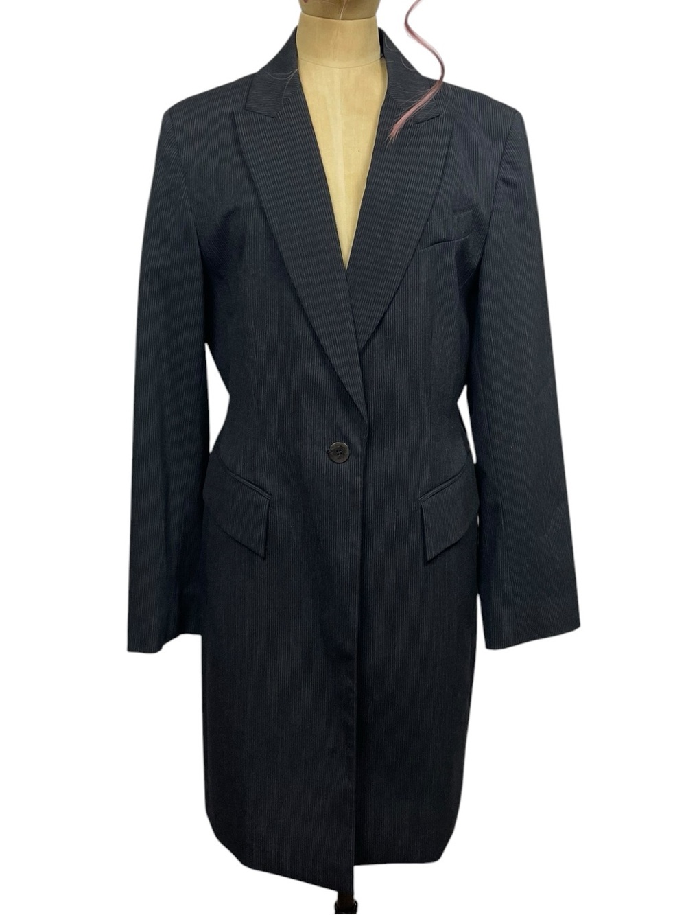 Emanuel Ungaro Liberté Pinstripe Long Blazer Coat Dress 10/44 Black Navy EUC